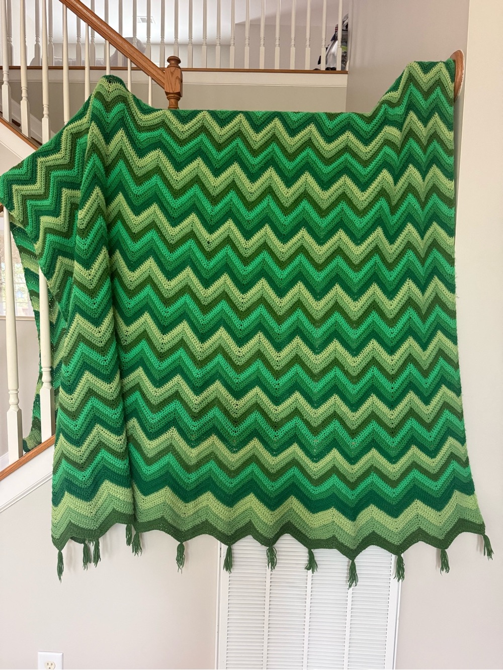 Vintage Handmade Green Chevron Granny Afghan Blanket Throw